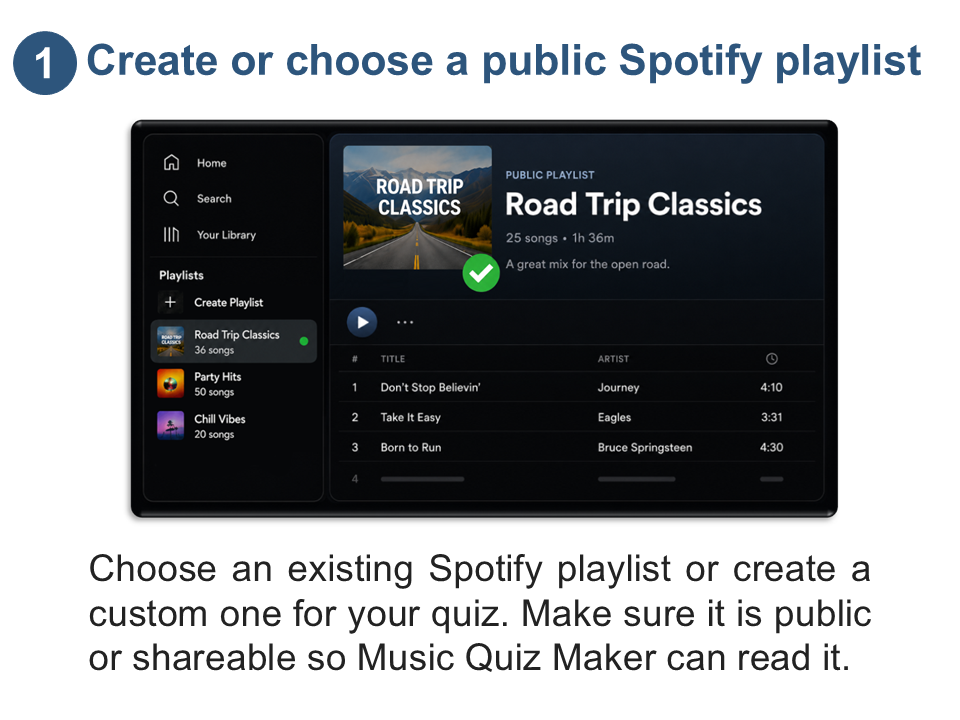 Create or choose a public Spotify playlist. Choose an existing Spotify playlist or create a custom one for your quiz. Make sure it is public or shareable so Music Quiz Maker can read it.