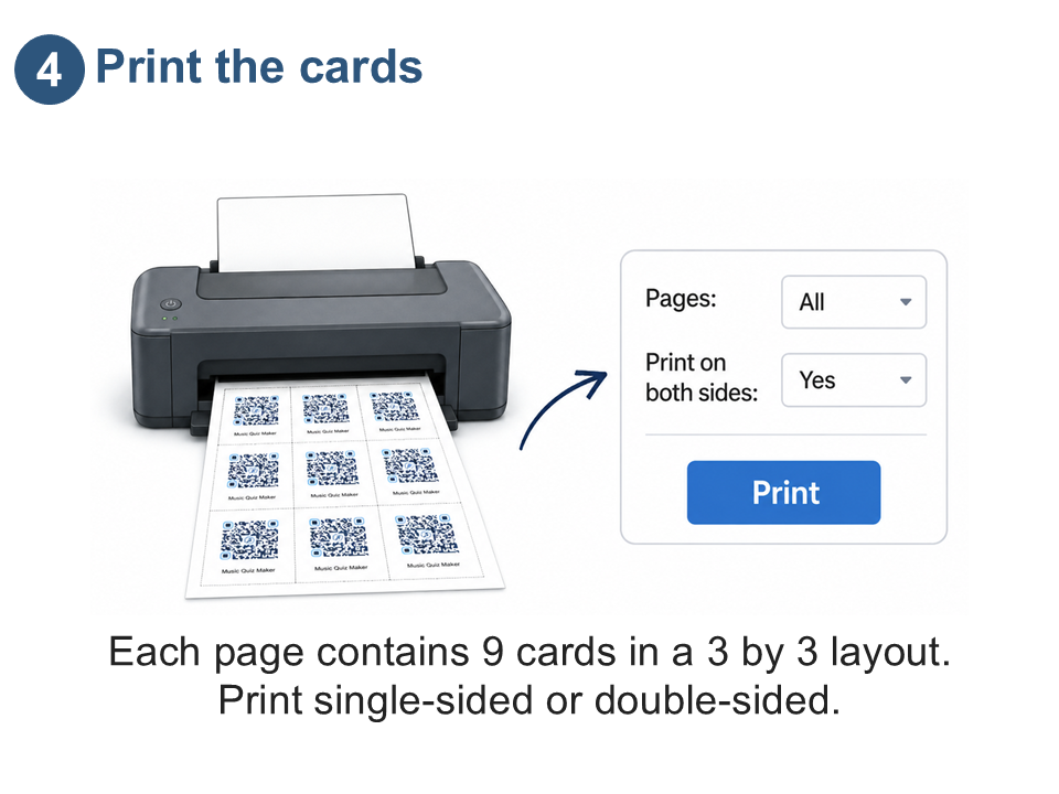 Print the cards. Each page contains 9 cards in a 3 by 3 layout. Print single-sided or double-sided.